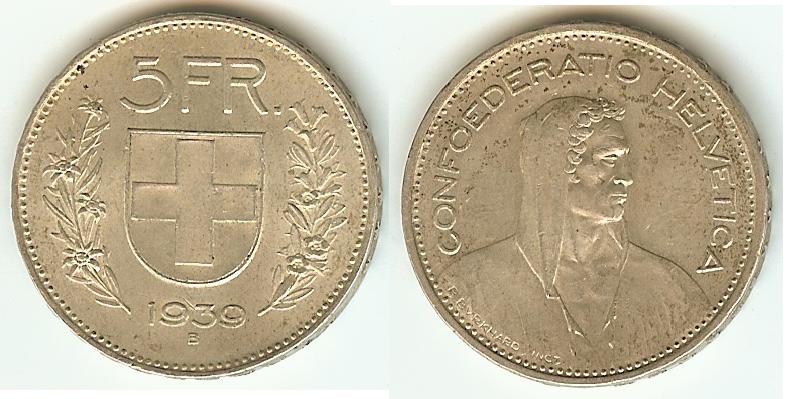 Swiss 5 Francs 1939B virt. Unc